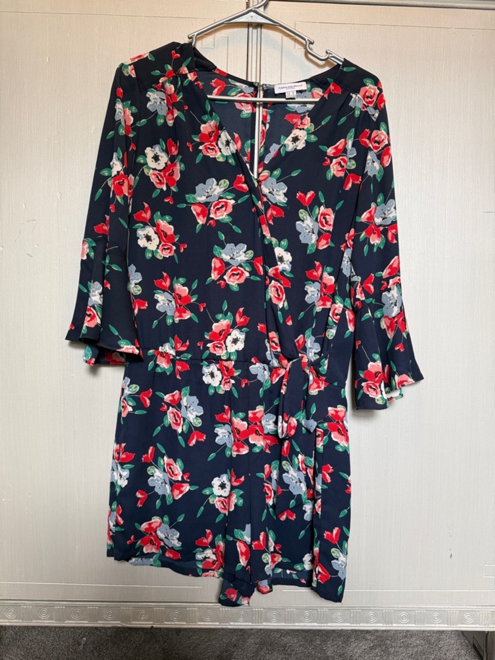 Carolina Belle Navy Floral Wrap Romper with Red & White Flowers